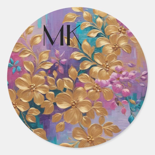 Goldene Blume auf rosa Lilac Türkis gestrichen Runder Aufkleber (Vorderseite)