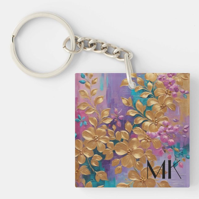 Goldene Blume auf rosa Lilac Türkis gestrichen Schlüsselanhänger (Vorderseite)