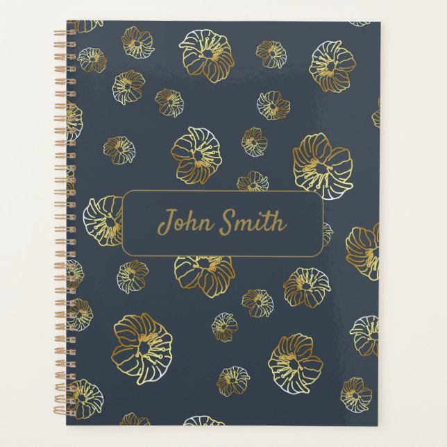 Goldene Blume auf Schwarz-Flora-Musterschrift Planer (Vorderseite)