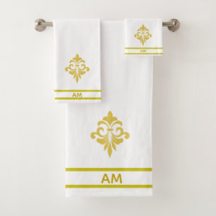 Goldene Blume, Monogramm und Streifen auf Weiß Badhandtuch Set