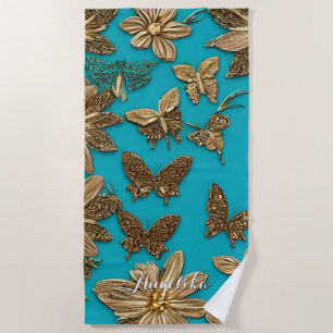 Goldene Blume und Schmetterlinge Aquamariner Hinte Strandtuch