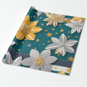 Goldene Blume und silberne Sterne beleben den Hint Geschenkpapier