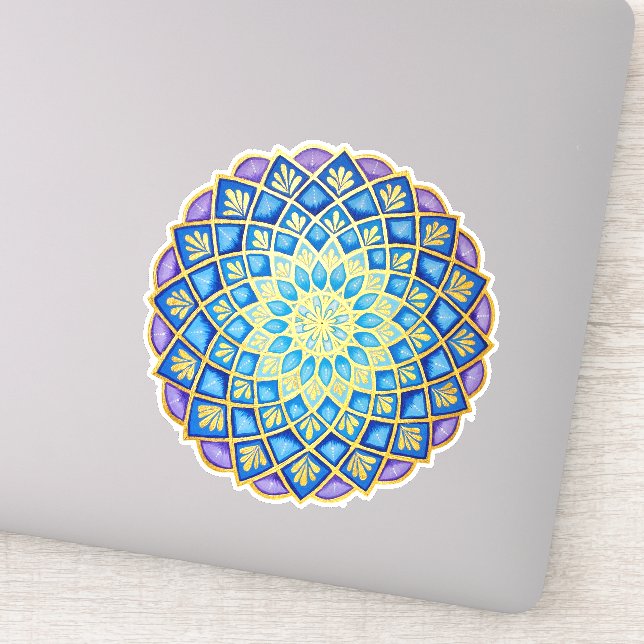 Goldene Blumeblauer lila Mandala Aufkleber (Detail)
