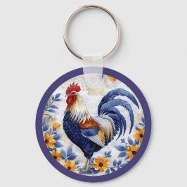 Goldene Blumen Blau Hahn Farmhouse Schlüsselanhänger