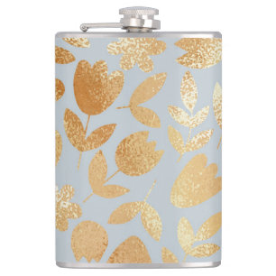 Goldene Blumen, blauer Hintergrund, Folienimitatio Flachmann
