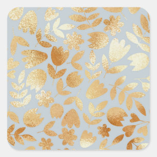 Goldene Blumen, blauer Hintergrund, Folienimitatio Quadratischer Aufkleber