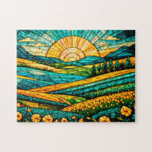 Goldene Blumen Grüne Landschaft Falsches Buntglas