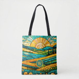 Goldene Blumen Grüne Landschaft Falsches Buntglas Tasche