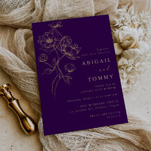 Goldene Blumen Lila Moderne Hochzeit Einladung