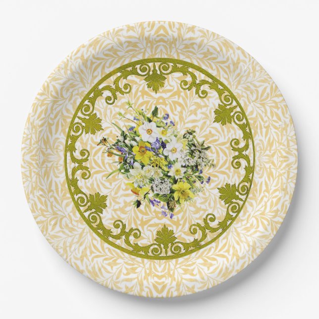Goldene Blumen-Platte Pappteller (Vorderseite)