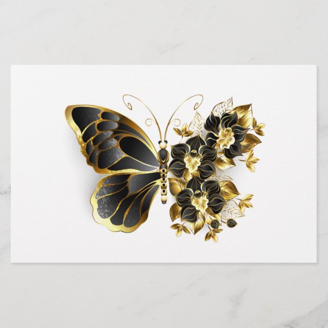 Goldene Blumen Schmetterling mit schwarzer Orchide Briefpapier (Vorderseite)