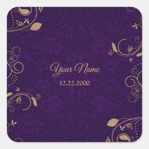 Goldene Blumenblätter Lila Hochzeitsfeier Modern Quadratischer Aufkleber