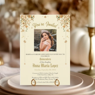 Goldene Blumenfoto Mis Quince Quinceañera 15. Einladung