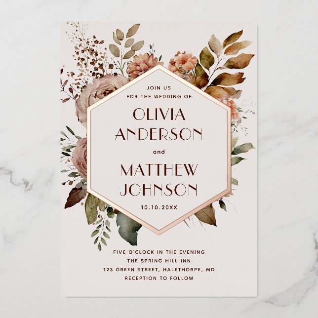 Goldene Blumenhochzeit | Light Rose Beige Folieneinladung (Vorderseite)