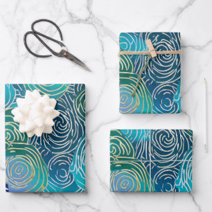 Goldene Blumenschwünge auf Blau Grün und Türkis Geschenkpapier Set