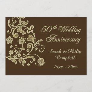 Goldene Blumenschwünge, Herzen 50. Hochzeitstag Einladung