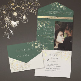 Goldene Blumenzunge Grünes Foto Hochzeit All In One Einladung