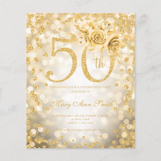 Goldene Blüte 50. Geburtstagslicht Einladung Flyer (Vorne)