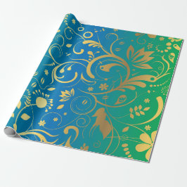 Goldene Blüte auf Grün und Blau zurück Geschenkpapier