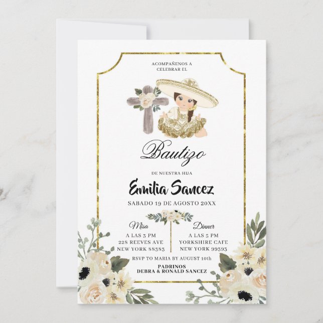 Goldene Blüte Girl Bautizo Einladung (Vorderseite)