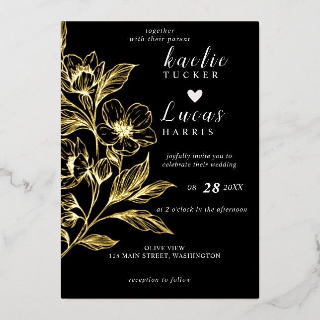"Goldene Blüten der Liebe" | Schwarze Hochzeit Folieneinladung (Vorderseite)