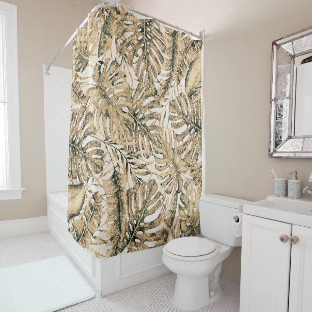 Goldene Bronze Glitzer Tropical Palm Blätter Chic Duschvorhang (Beispiel)