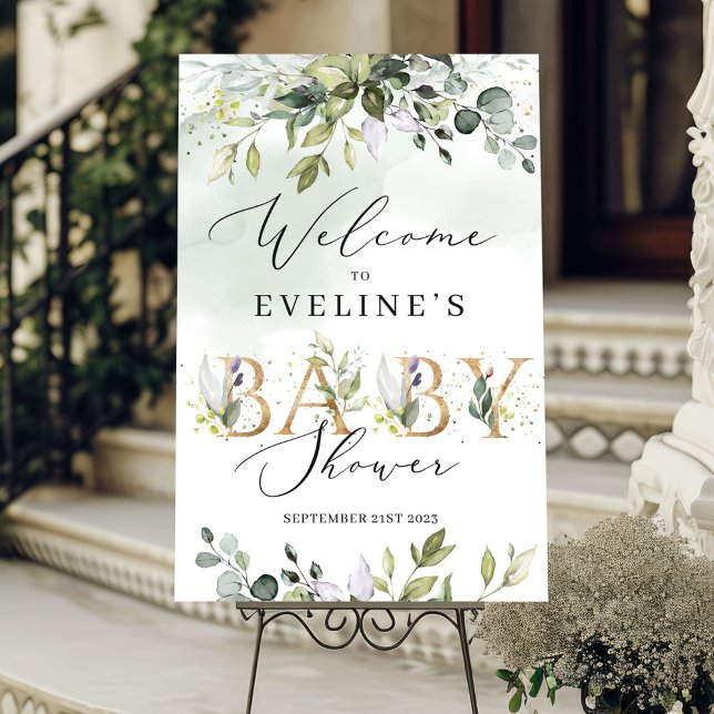 Goldene Buchstaben Grüne Babydusche Begrüßungszeic Poster (Gold letters greenery baby shower welcome sign)