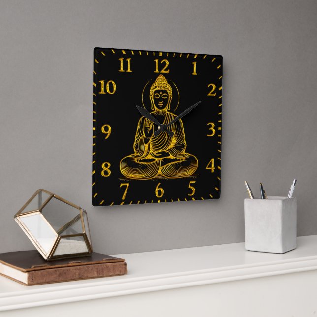 Goldene Buddha-Statue strahlende Ruhe Quadratische Wanduhr (Büro)