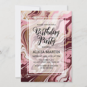 Goldene Burgund Pink Marble Fluid Birthday Party Einladung