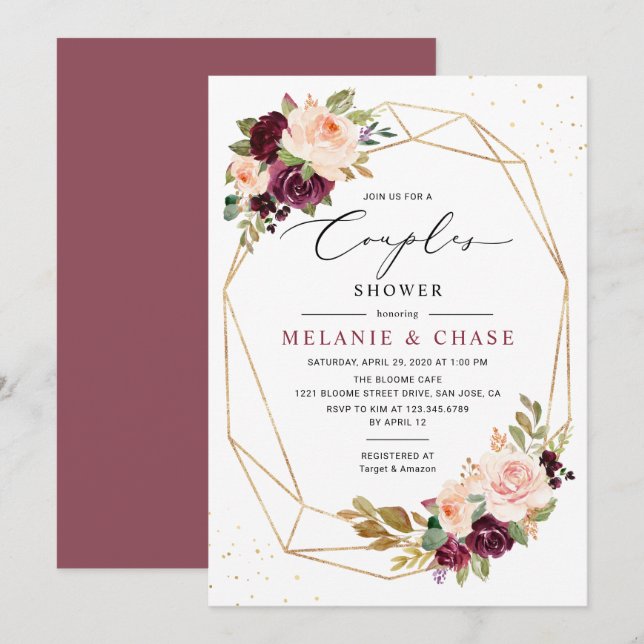Goldene Burgundy Blush Paare Dusche Einladung (Vorne/Hinten)