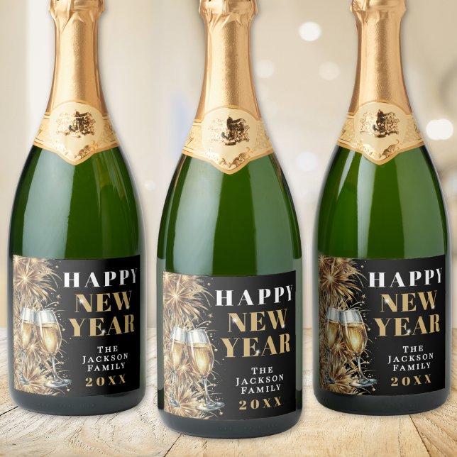 Goldene Champagner Silvesterparty (Modern Black Gold Champagne New Year's Eve Party Sparkling Wine Label )