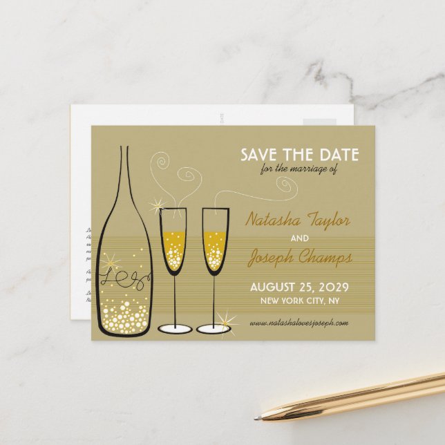 Goldene Champagnerbläschen - Save the Date Ankündigungspostkarte (Vorderseite/Rückseite Beispiel)