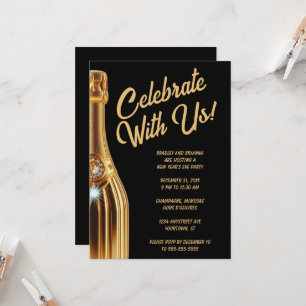 Goldene Champagnerflasche auf schwarzem Silvestera Einladung
