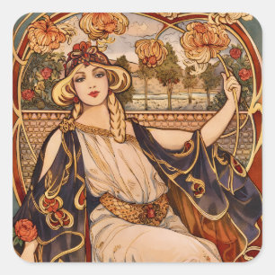 Goldene Chrysanthemen-Muse – Art Nouveau Floral Quadratischer Aufkleber