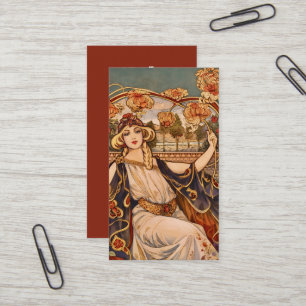 Goldene Chrysanthemen-Muse – Art Nouveau Floral Visitenkarte