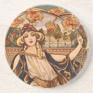 Goldene Chrysanthemum-Muse – Art Nouveau Floral Getränkeuntersetzer