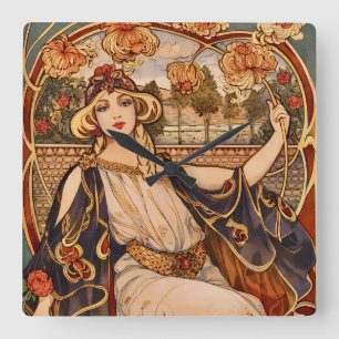 Goldene Chrysanthemum-Muse – Art Nouveau Floral Quadratische Wanduhr