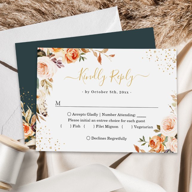Goldene Confetti Herbstblütenhochzeit-Blätter RSVP Karte (Von Creator hochgeladen)