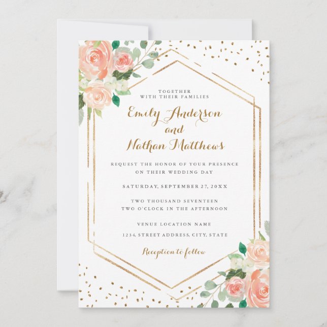 Goldene Confetti-Peach-Aquarellblume Hochzeit Einladung (Vorderseite)