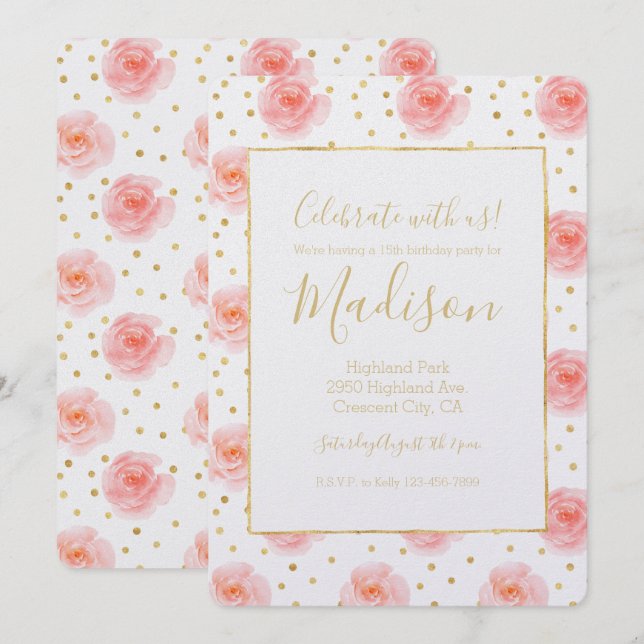 Goldene Confetti Pink Aquarellfarben Rose Geburtst Einladung (Vorne/Hinten)