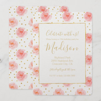 Goldene Confetti Pink Aquarellfarben Rose Geburtst Einladung
