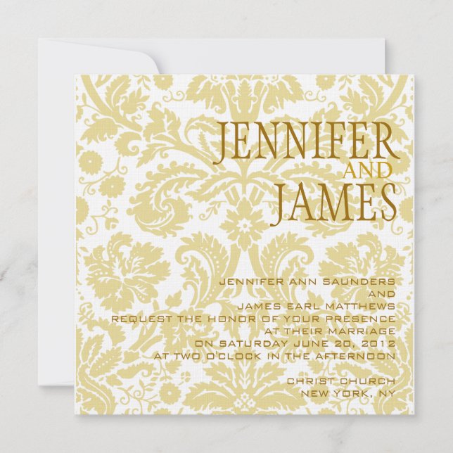 Goldene Creme Damask Sommerhochzeit Einladung (Vorderseite)