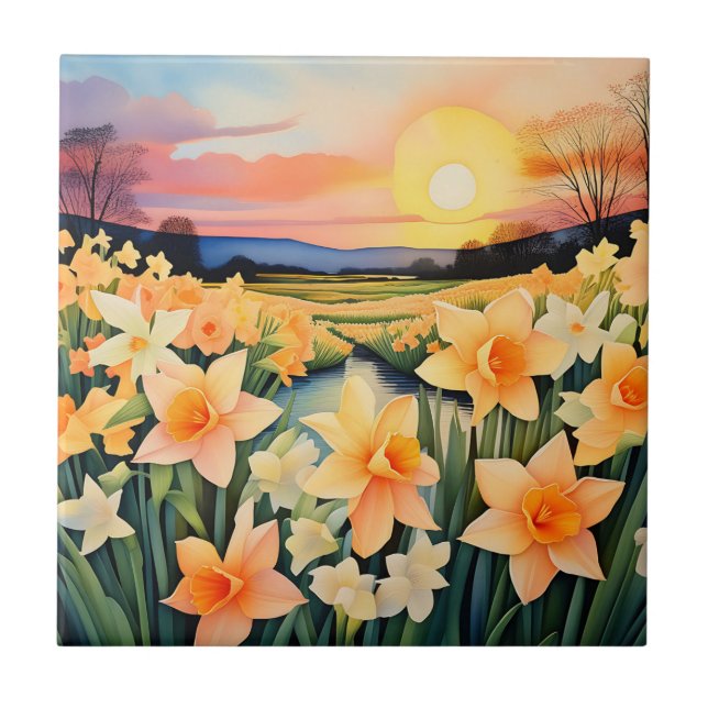 Goldene Daffodien bei Sonnenuntergang auf einer ru Fliese (Vorderseite)