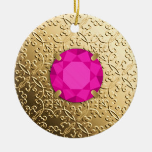 Goldene Damaske mit Imitaten, rosa Turmaline Keramik Ornament