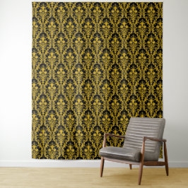 Goldene Damaskus auf Schwarz-Flora-Chic Eleganter  Wandteppich