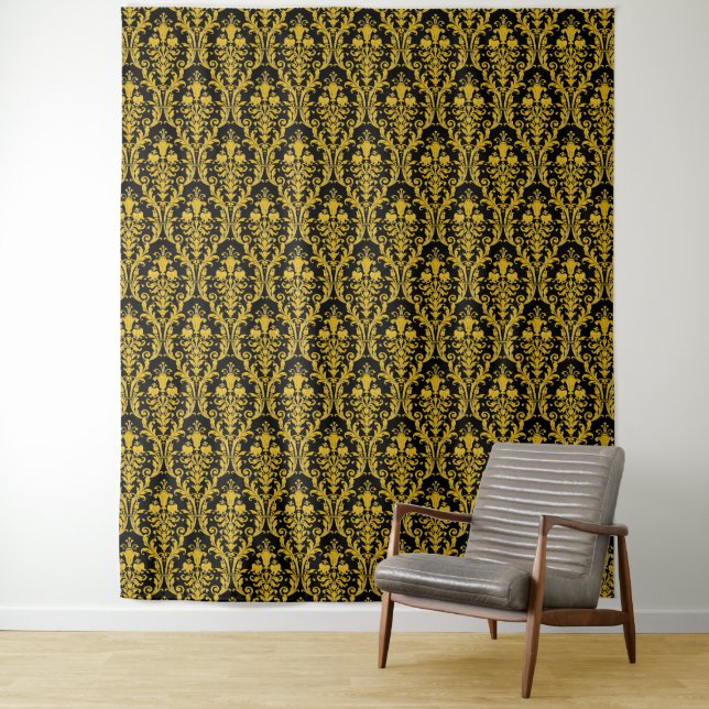 Goldene Damaskus auf Schwarz-Flora-Chic Eleganter  Wandteppich (Beispiel)