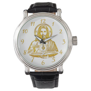 Goldene Darstellung Jesu, das ein Buch hält Armbanduhr