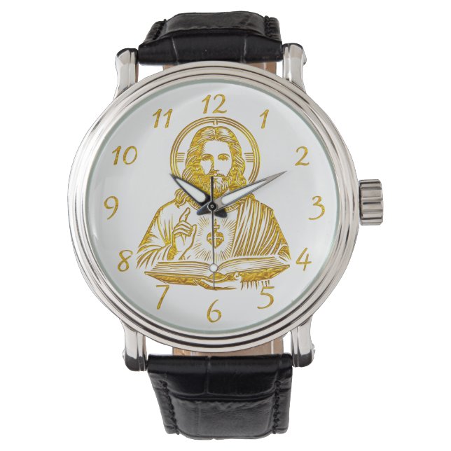 Goldene Darstellung Jesu, das ein Buch hält Armbanduhr (Vorderseite)