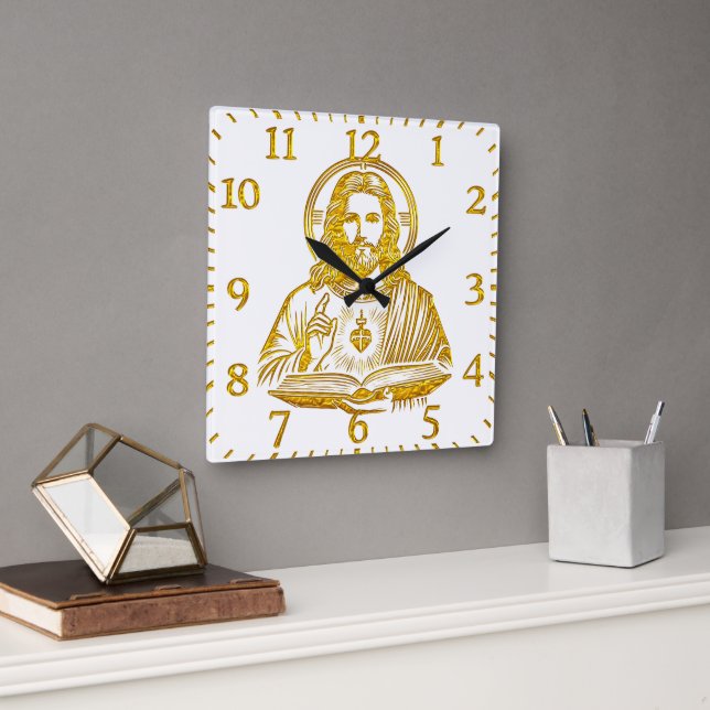 Goldene Darstellung Jesu, das ein Buch hält Quadratische Wanduhr (Büro)