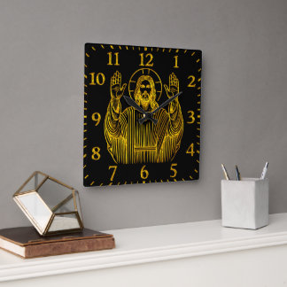 Goldene Darstellung Jesu mit erhabenen Händen Quadratische Wanduhr